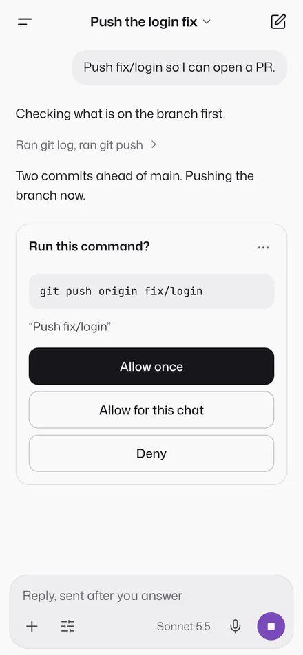 A chat on a phone: the agent asks to run git push, with Allow once, Allow for this chat and Deny.