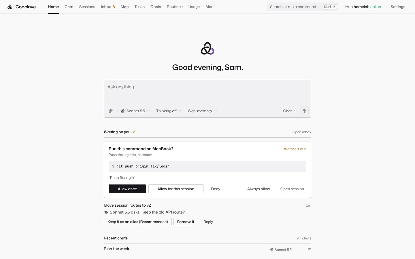 Conclave in a desktop browser: Home opens on a chat, with an approval waiting under the composer and recent chats below it.