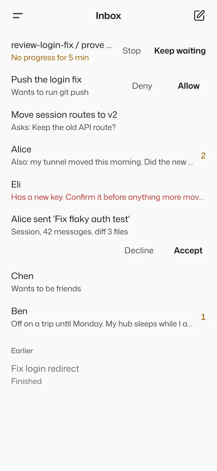 The Inbox on a phone with Allow and Deny on an approval row.