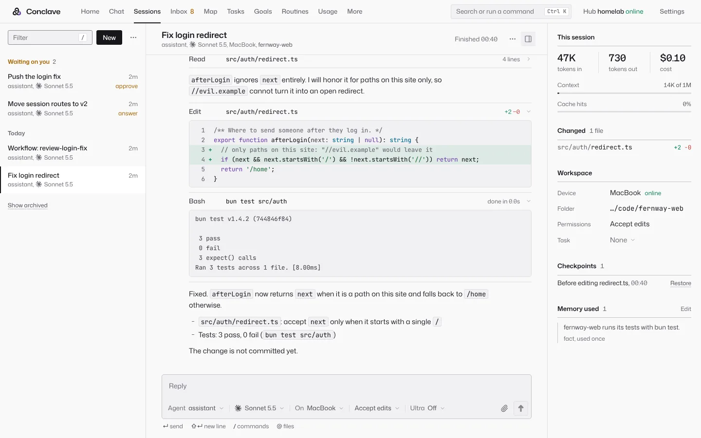 A coding session on a MacBook: the agent reads a file, shows its edit as a diff and runs the tests.