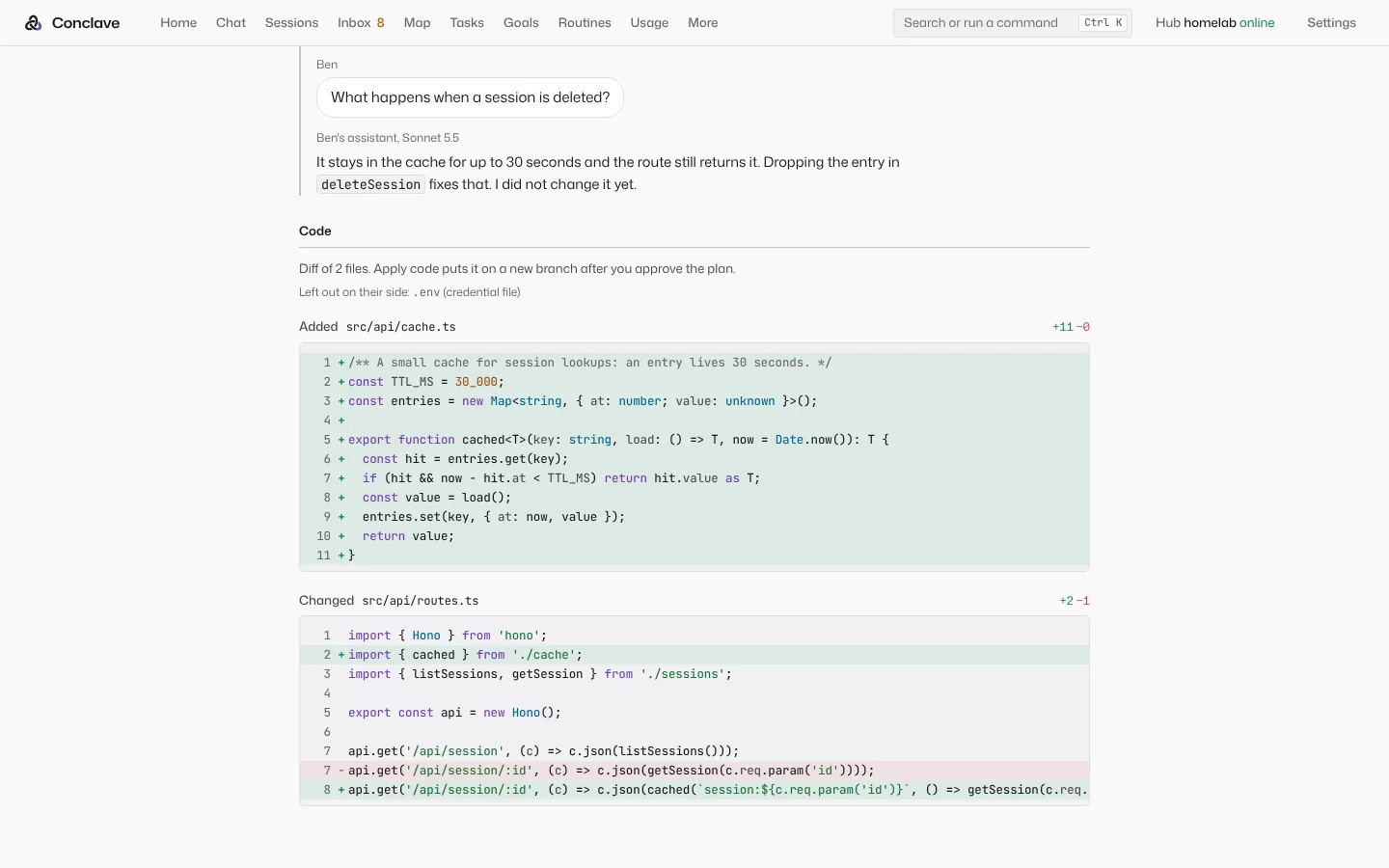 A session a friend shared, with its diff and a note that a credential file was left out.